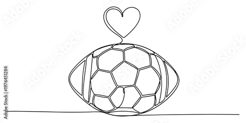 Oval shaped soccer ball with a heart symbol on top in continuous line art