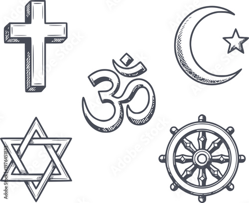 religious symbols set including cross crescent moon om star of david and dharma wheel hand drawn sketch style with black fill and no white fills
