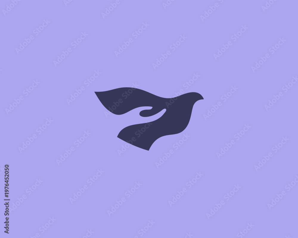 Fototapeta premium Abstract bird in flight with a human hand silhouette in negative space vector logo. Elegant logotype for charity, peace, healthcare and support services.