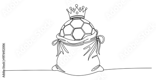 Continuous line drawing of a soccer ball with a royal crown inside a tied sack