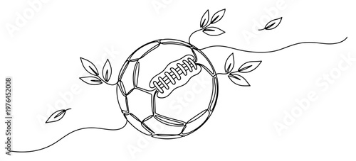 Creative hybrid concept of a soccer ball with american football laces and leaves in continuous line style