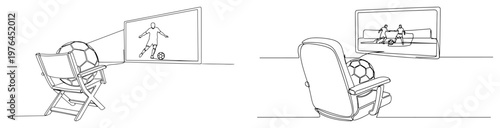 One line drawing of soccer balls watching a football match on television in living room