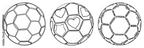 Set of three soccer ball designs with classic and decorative heart stitch patterns