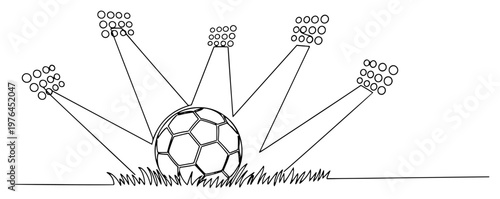 Single line drawing of a soccer ball on grass field illuminated by stadium floodlights
