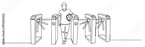 Continuous line art of a fan holding a soccer ball entering a stadium through turnstiles
