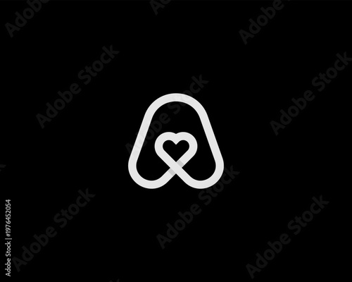 Line art letter A logo with heart symbol inside. Minimalist linear vector monogram for healthcare, dating apps, wellness and charity branding.