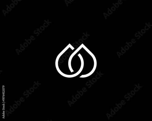Minimalist linear logo with two interlocking water drop. Graceful geometric vector logotype for wellness, eco-branding and modern tech services