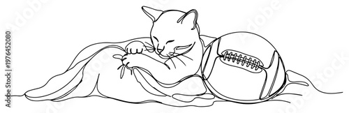 Minimalist one line drawing of a cute cat sleeping next to an american football ball