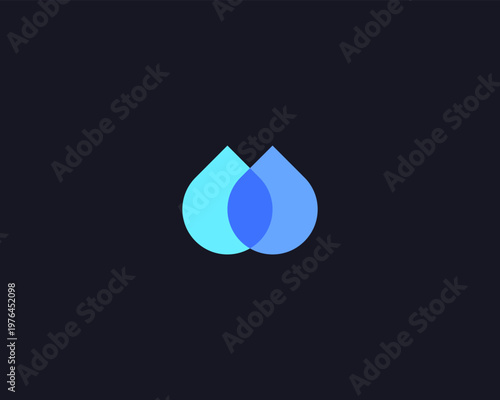 Minimalist logo with two overlapping water drops. Sophisticated geometric vector logotype for wellness, environment and creative branding.