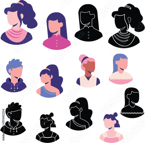 Set of diverse faceless people avatars in colorful flat design and black silhouettes (多様な男女の顔なしアバターイラストセット)
