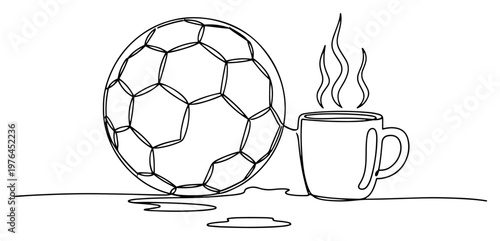 One line drawing of a soccer ball next to a steaming hot cup of coffee