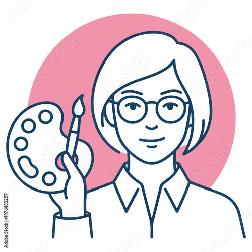Female artist avatar holding paint palette and brush line art illustration