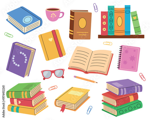 Book collection. Various bookshelves, stacks of books, open books, and notebooks. Educational design. Flat vector illustration. White isolated background.