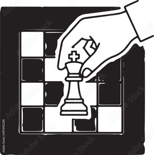 Hand moving a chess king on a chessboard black and white line art illustration