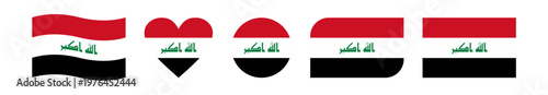 Set of five creative Iraq flag vector designs featuring wavy, circular, heart-shaped, rounded-corner, and rectangular styles, symbolizing national pride and patriotic celebration