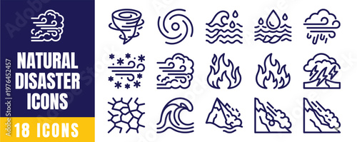 Natural Disaster Icons Set — Tornado, Tsunami, Wildfire, Flood, Earthquake, Avalanche Outline Vector Pack