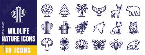 Wildlife Nature Icons Set — Cactus, Tree, Bird, Deer, Fox, Flower, Bear Outline Vector Collection