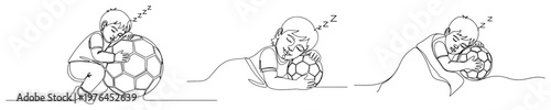 Simple one line drawing of a young child sleeping peacefully while hugging a soccer ball in bed