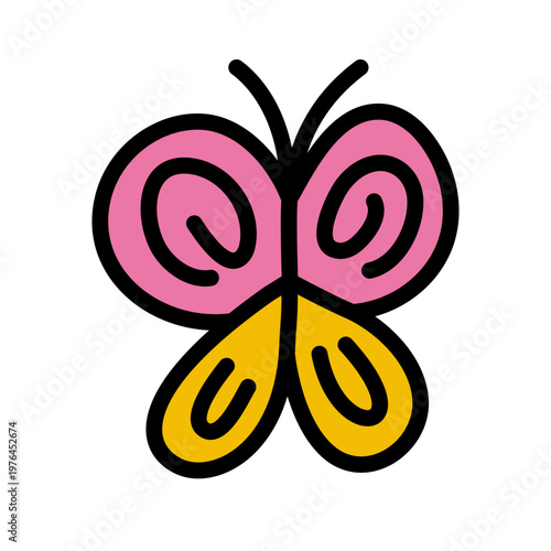 Butterfly with curls on wings. Colourful children Doodle with black outline. Beautiful flying insect. Girly, primitive, Simple drawing. Swirls. Pink, yellow colors. Isolated. Vector illustration.