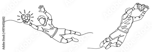 Continuous line illustration of a soccer goalkeeper jumping and diving to catch a heart shaped ball