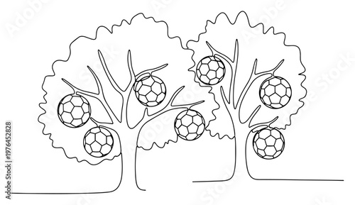 One line drawing of trees growing soccer balls as fruit in a conceptual nature scene