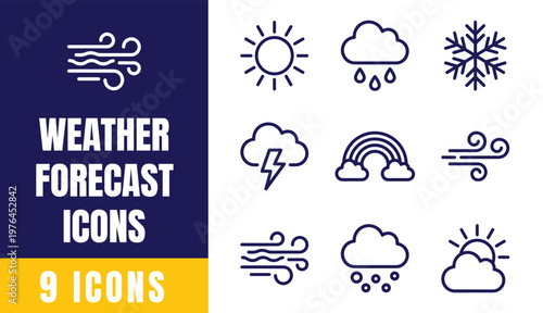 Weather Forecast Icons Set — Sun, Rain, Snow, Thunder, Rainbow, Wind, Cloud Outline Vector Pack
