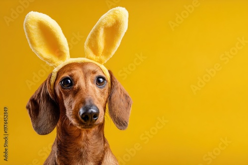 A dachshund dog has yellow bunny ears on its head. The dog looks at the camera against a yellow background. This moment shows the playful spirit of the dog during a holiday celebration