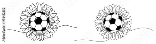 Minimalist line art of sunflowers with soccer balls in the center of the petals