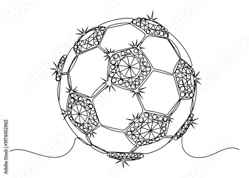 Minimalist one line art of a soccer ball encrusted with sparkling diamonds and jewels