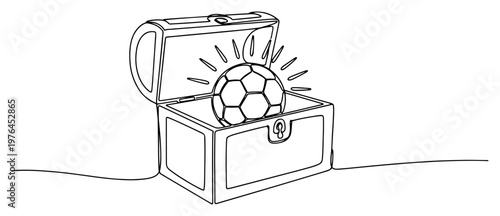 Simple continuous line drawing of a soccer ball discovered inside an open treasure chest