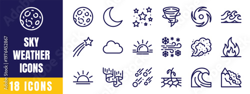 Sky Weather Icons Set — Moon, Stars, Tornado, Wind, Cloud, Comet, Sunrise Line Vector Collection