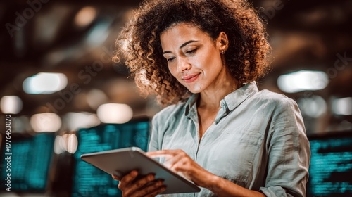 Woman uses tablet in modern workspace while checking data and focusing on tasks during the afternoon