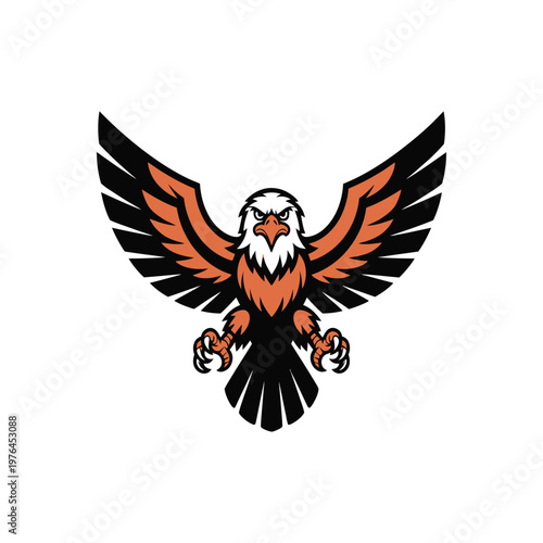 A bold and dynamic eagle vector illustration with wings spread and fierce expression in black and orange design