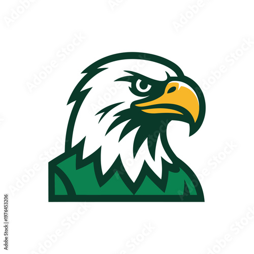 A bold eagle head design with a striking green and white color scheme and a fierce expression.