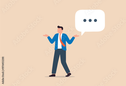 Awkward moment, embarrassment conversation, nervous and clueless at work, dull moment or cannot answer question concept, awkward confused and shrug businessman with helpless speech bubble