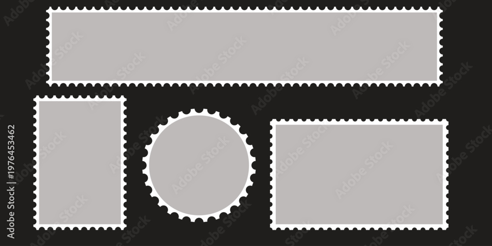 Obraz premium Blank postage stamp templates in various shapes with perforated edges on a dark background Vector