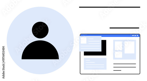 Digital identity, user interface, website design, account management, online security, profile creation. Minimal user icon next to a website interface layout. Digital identity and user interface