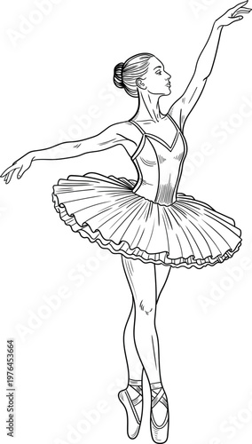 Black and white drawing of a ballerina in a tutu. Vector illustration with a contour image of a dancer in a classical pose on a light background.