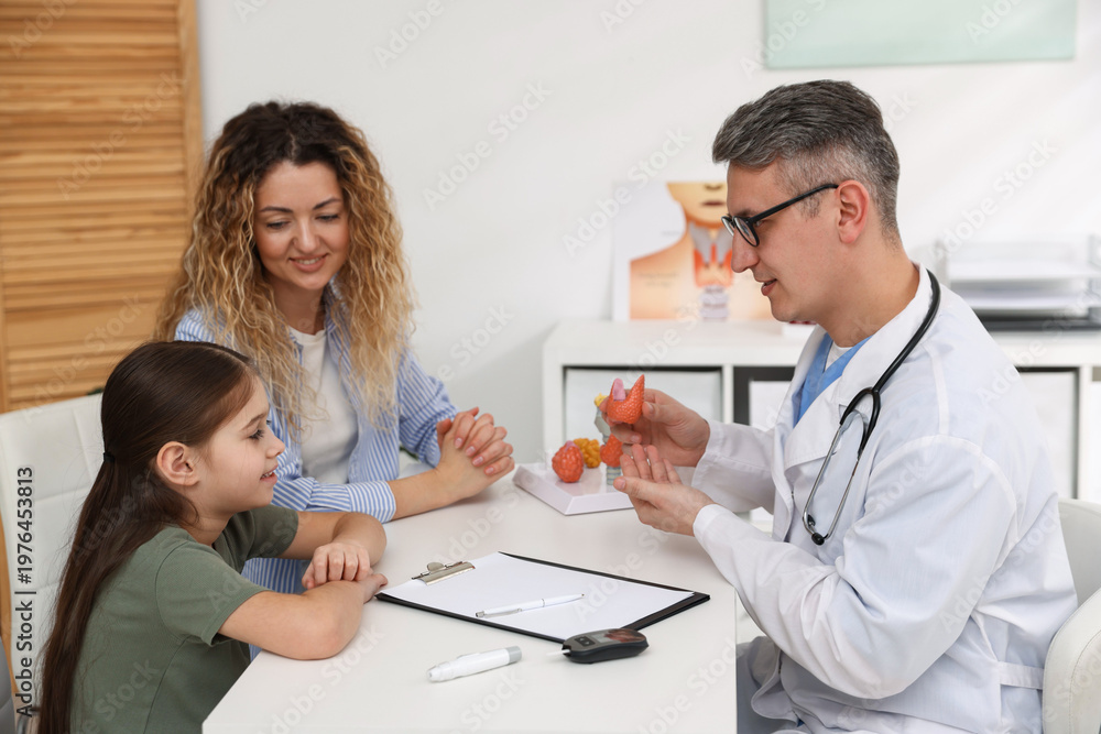 Obraz premium Endocrinologist in glasses consulting woman with her daughter and showing model of thyroid gland at white desk in clinic