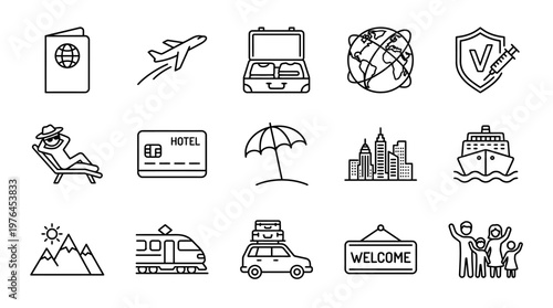 Vector Icons Set of travel and tourism icons in hand drawn sketch style.