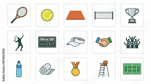 Vector Icons Set of tennis sport equipment and tournament icons in doodle style.