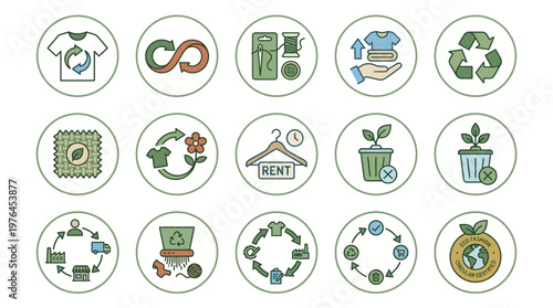 Vector Icons Set of Sustainable Fashion and Circular Economy Line Icons.