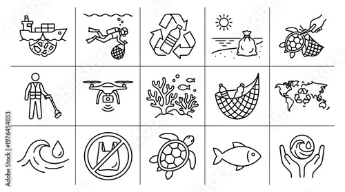 Vector Icons Set of marine pollution and ocean conservation doodle icons.