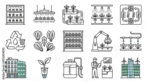 Vector Icons Set of Hand Drawn Vertical Farming and Hydroponics Icons.
