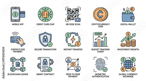 Vector Icons Set of financial technology and digital payment flat line icons.