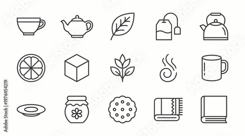 Vector Icons Set of fifteen tea time related icons in line art style.