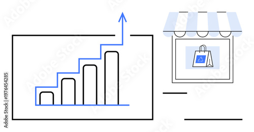 Business growth, online shopping, e-commerce, sales performance, retail analytics, market trends. A bar chart shows growth alongside a storefront with a shopping bag. E-commerce and business growth