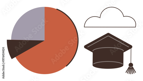 Education, data analysis, e-learning, statistics, knowledge sharing, career growth. Pie chart, a cloud and a graduation cap. Education and data analysis concept for modern learning and progress