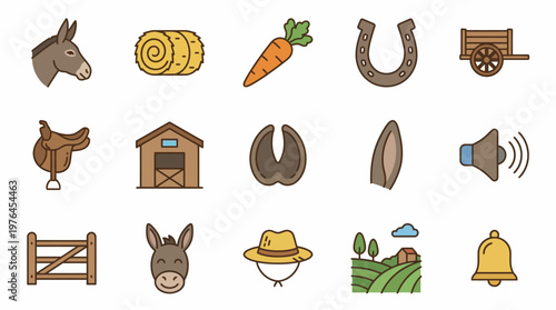 Vector Icons Set of colorful farm and donkey related icons and elements.