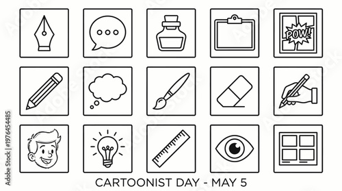 Vector Icons Set of Cartoonist Day line art icons for illustration and drawing.